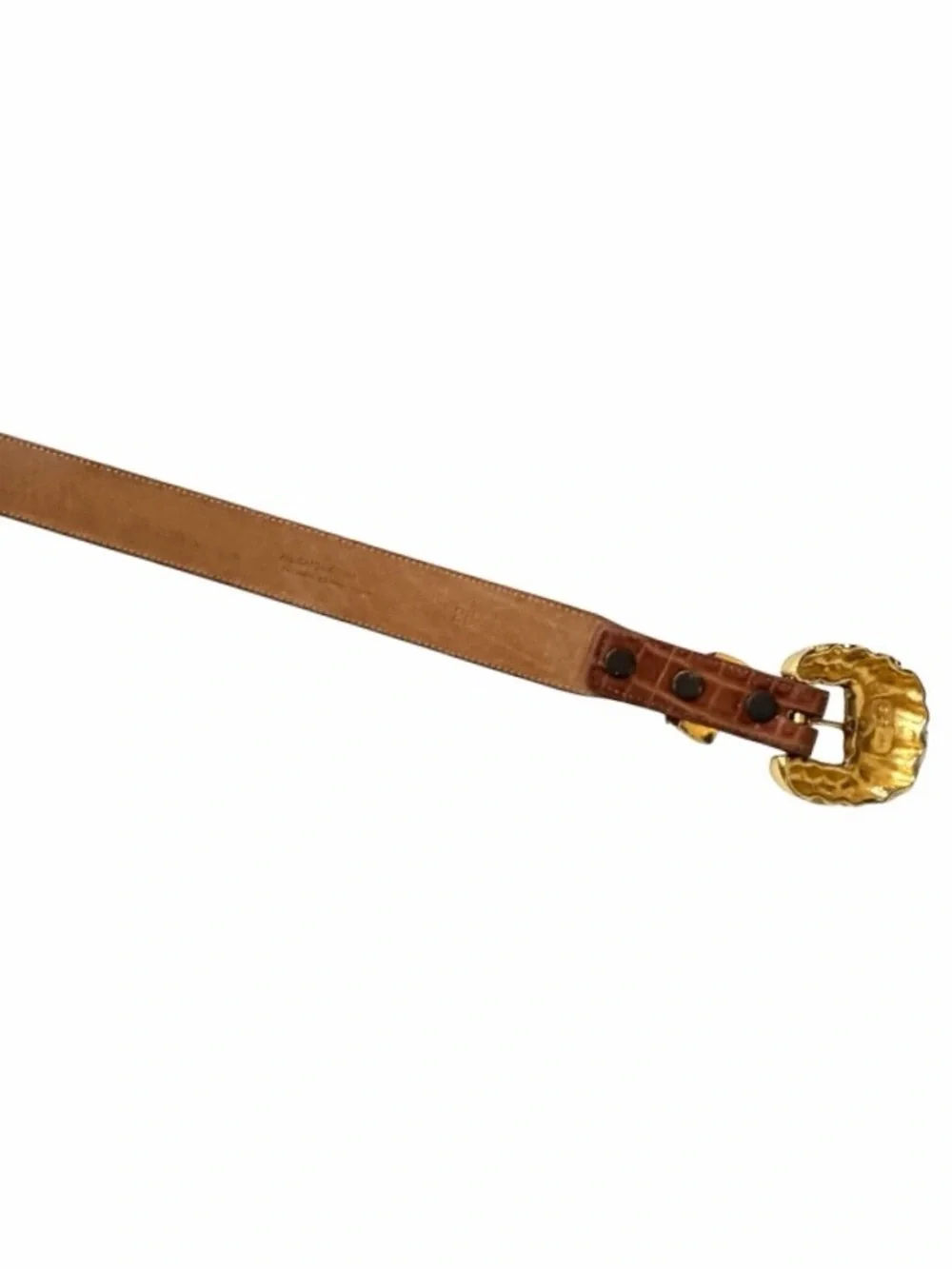 Steve Blinn Brown Alligator Grain Cashmere Cowhide Belt with Ornate Gold Buckle